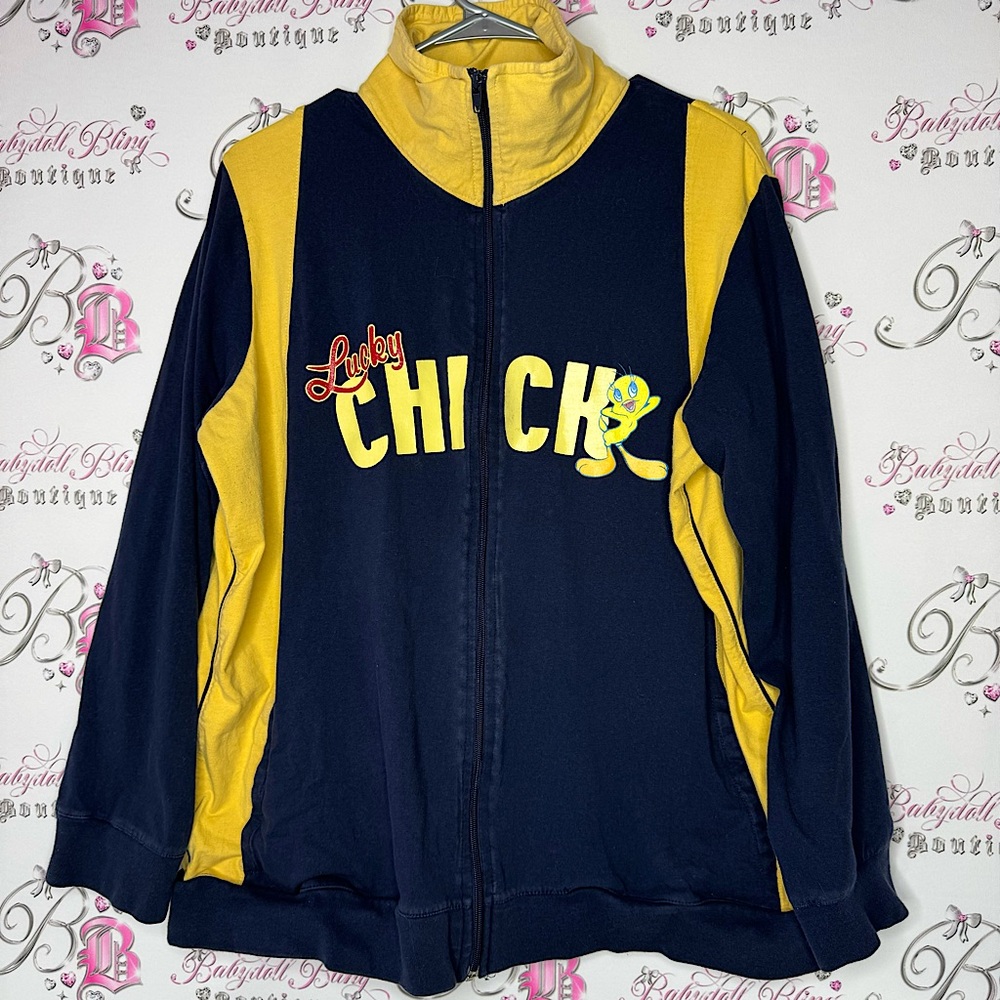 Tweety bird sweater zip up hoodie lucky chich with sparkly red and cute decal